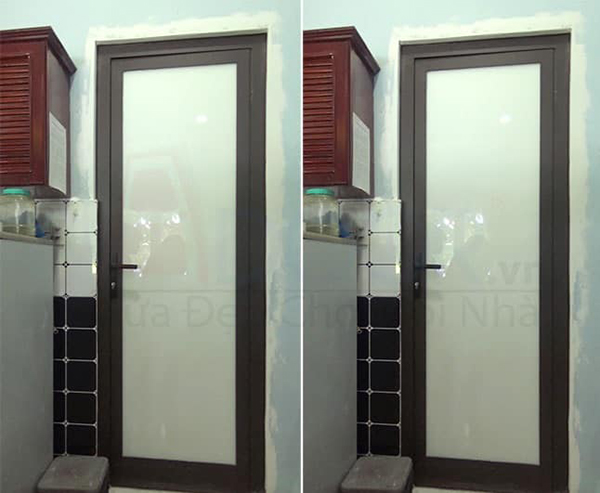 Mẫu cửa nhôm Xingfa 1 cánh nhà vệ sinh màu đen kính gần 100%